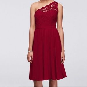 David’s Bridal one shoulder lace and mesh dress